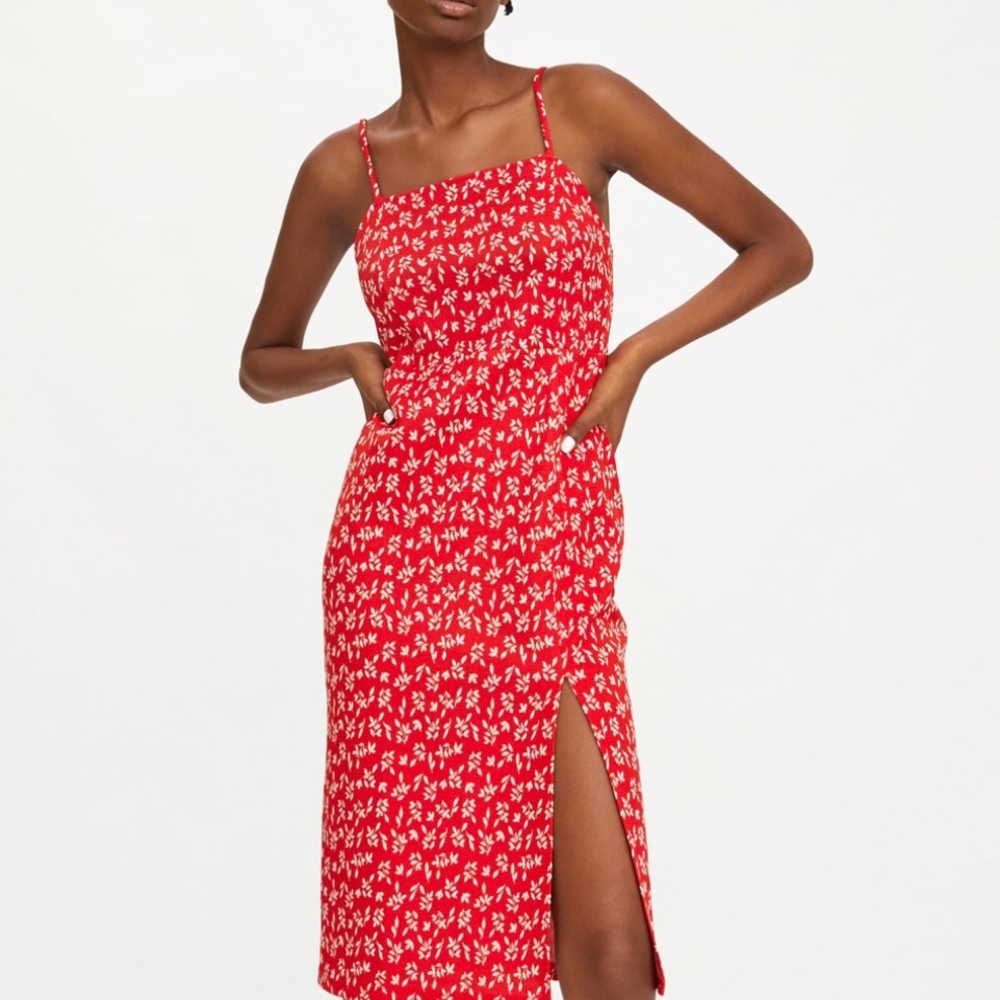 ZARA Red White Floral Midi Dress Size Large